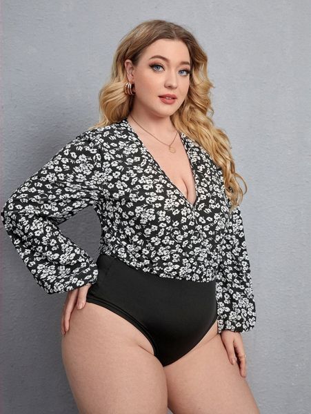 

plus all over floral lantern sleeve plunging bodysuit m3pe#, Black