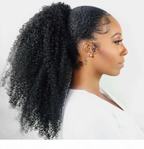 

100% human hair clips in hair ponytails hairpieces 18 inch afro ponytail extension for short hair styling kinky curly, Black