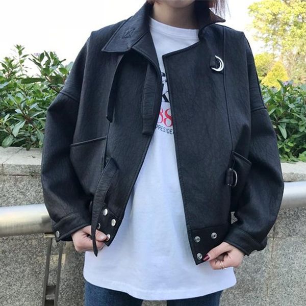 

fashion solid women faux leather jacket office lady moto biker pu jackets and coats turn-down collar rivet streetwear, Black