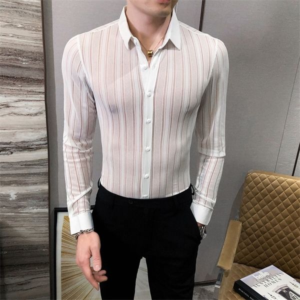 

through see fashion long sleeve night club blouse r striped shirt korean casual men social shirts c1212, White;black