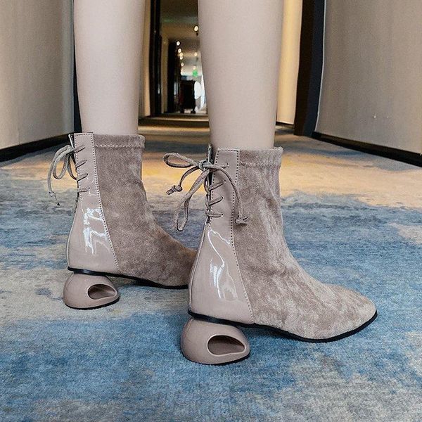 

boots z69 women hetero-heel women's autumn winter fashion suede stitching ankle lace-up botas mujer, Black