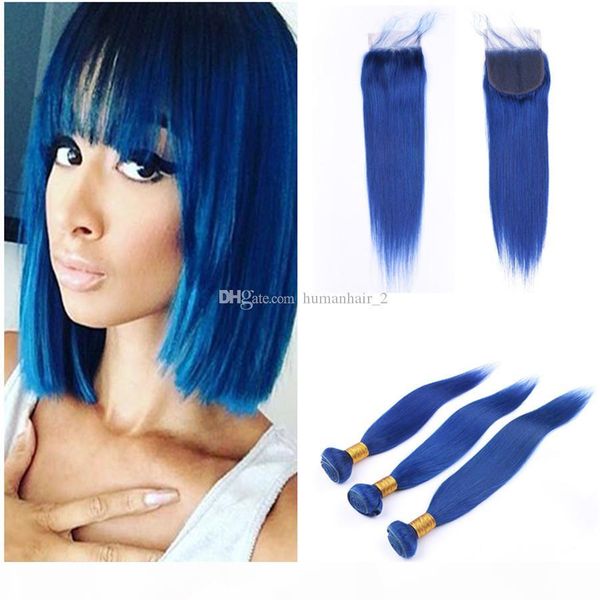 

blue human hair extension with lace closure silky straight virgin malaysian hair weaves with lace closure 4x4 bleached knots, Black;brown