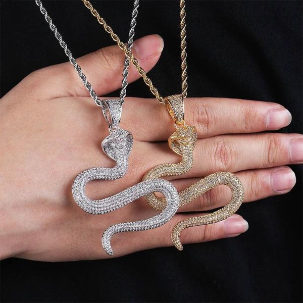 

hip hop micro paved cubic zirconia bling out animal snake pendants necklace for men rapper jewelry gold color, Silver