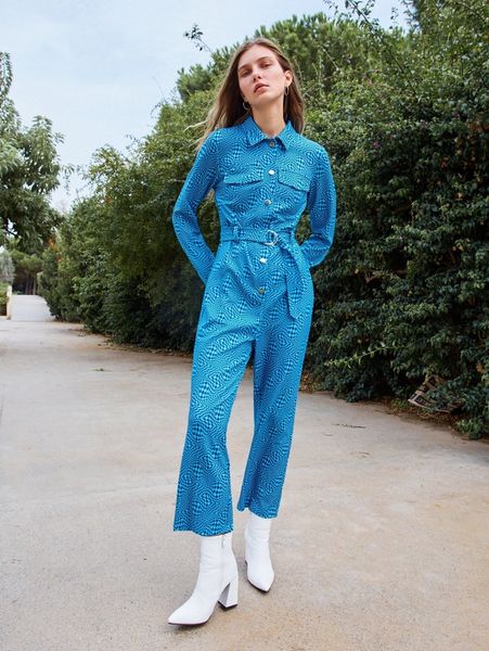 

geo print buckled belted shirt jumpsuit d2ip#, White