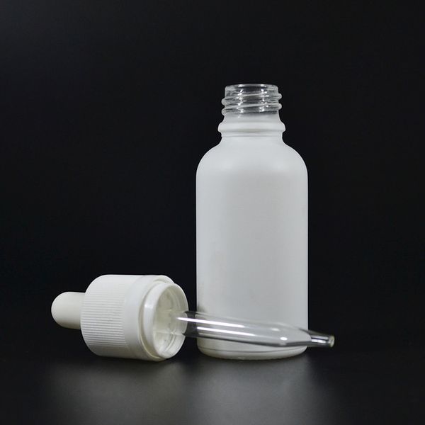 Garrafas conta-gotas de vidro branco fosco 30ml Tintura óleo de cabelo Recipiente com conta-gotas de vidro Medição Mamilo fosco Segurança infantil