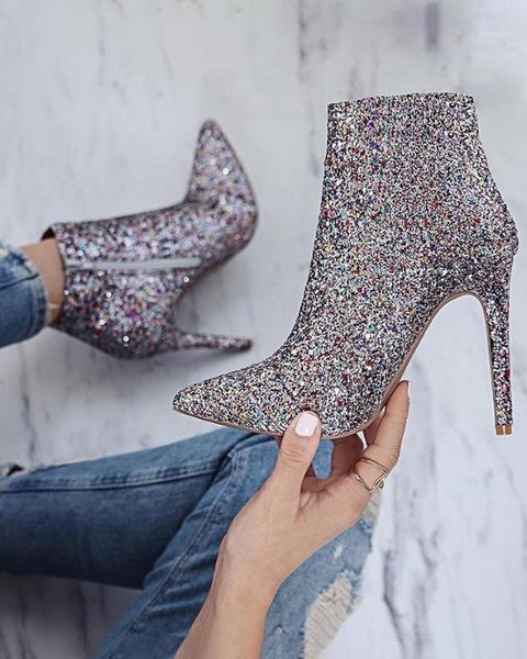 

sequins side zipper pointed toe heeled boots slitter shinning booots1, Black