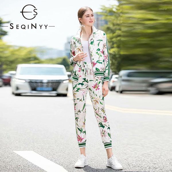 

seqinyy green suit 2020 spring autumn new fashion design long sleeve jacket + ankle pants stripe romantic lily flowers print set1, Gray