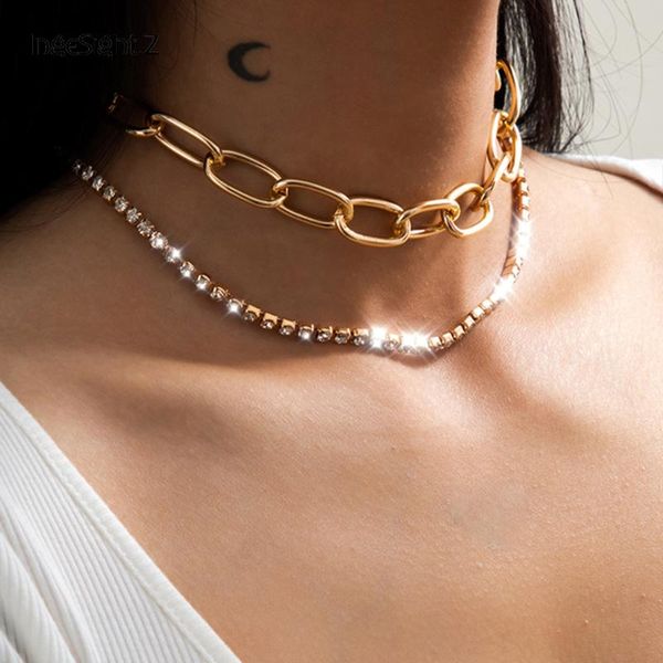 

ingesight.z multi layered goth gothic curb cuban chunky thick choker necklace shiny rhinestone crystal chain necklaces jewelry, Silver