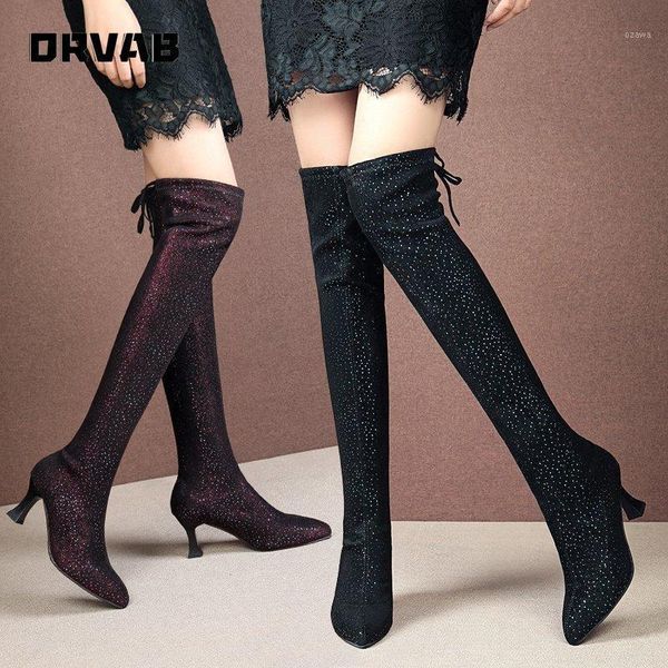

boots over the knee women long slip-on pointed toe thin heels woman shoes high thigh ladies slim1, Black