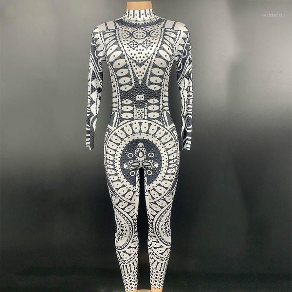 

white black printed big stretch jumpsuit sparkly rhinestones bodysuit stage wear women's celebrate shining crystals costume1, Black;red
