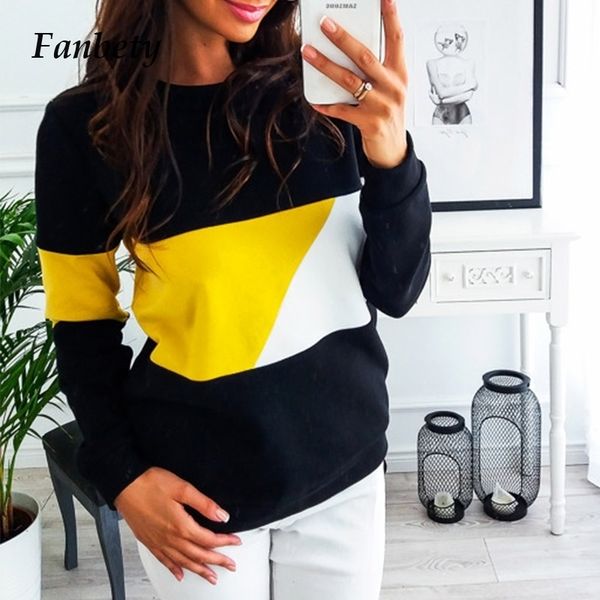 

fanbety women autumn patchwork sweatshirt winter long sleeve pullovers hoodies casual o-neck streetwear tracksuit s-xxl y200915, Black