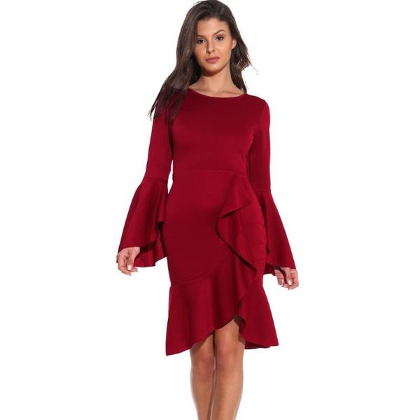 

women o neck flare sleeve slim split ruffles solid color elegant cocktail party dress vestido de festa, Black;gray