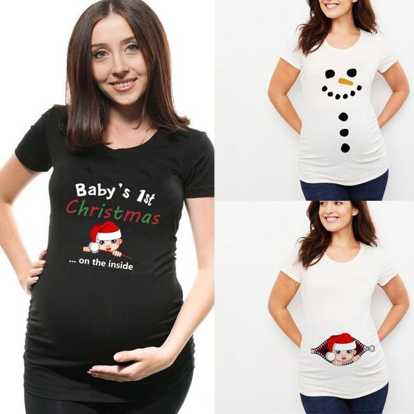 

baby's 1st christmas maternity t shirt snowman buttons funny pregnancy tee cute christmas t shirt pregnant maternity t-shirts1, White