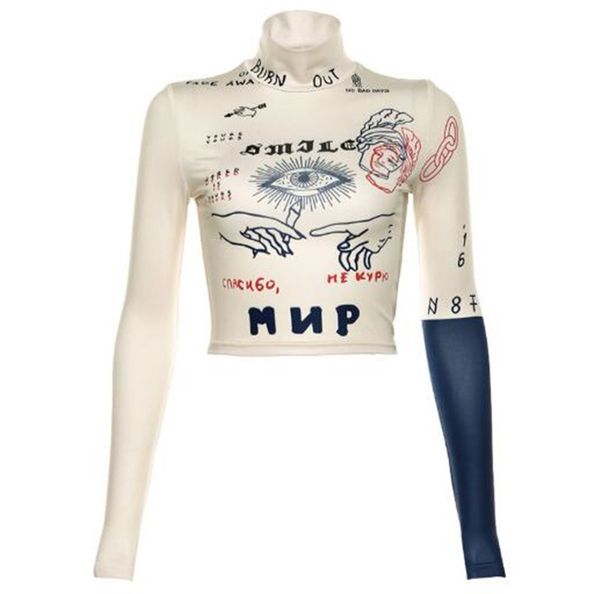 

european and american style autumn and winter new women's half-high collar printed crop t-shirt, White