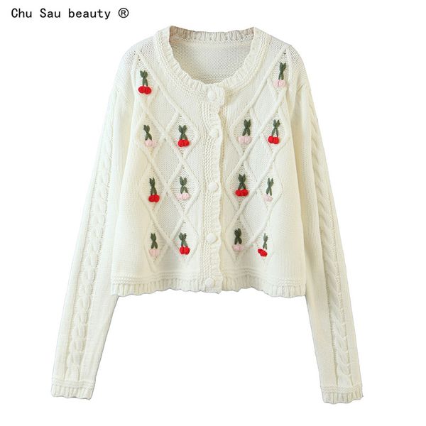 

2020 new autumn winter pastoral style sweet handmade crochet cherry sweaters coat sweet white short knitted cardigans women f1204, White;black