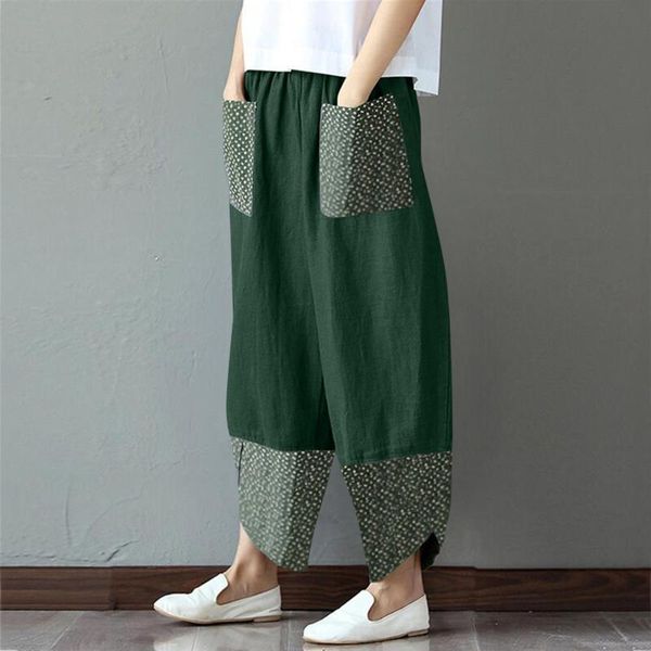 

autumn winter ladies warm pants women fashion casual cotton linen printing trousers patchwork irregular loose wide leg pants, Black;white