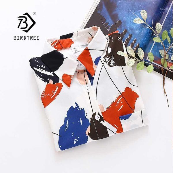 

new arrival women block color painting print chiffon blouse long sleeve casual shirt women's chic feminina blusa t04701f1, White