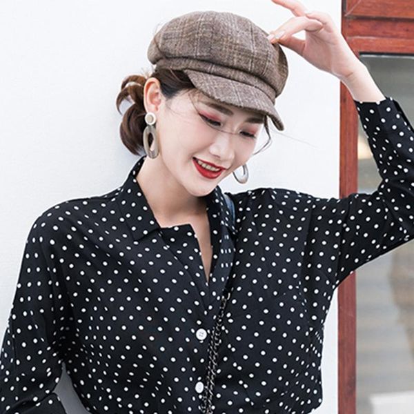 

берет британский стиль берета плед шерстяные восьмиугольные шляпы открытый плед печать художники шляпы дикие колпачки, Blue;gray