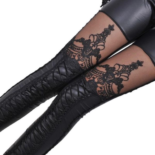 

women leggings synthetic leather slim black stitching embroidery bundled hollow lace calzas mujer leggins stretchy, Black;white