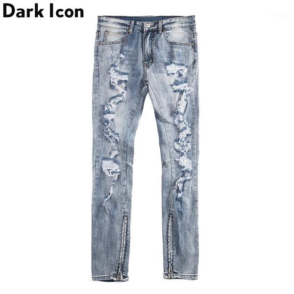 

dark destroyed ankle zipper men's jeans 2020 new fashion high street regular jeans men denim pants blue1, Blue