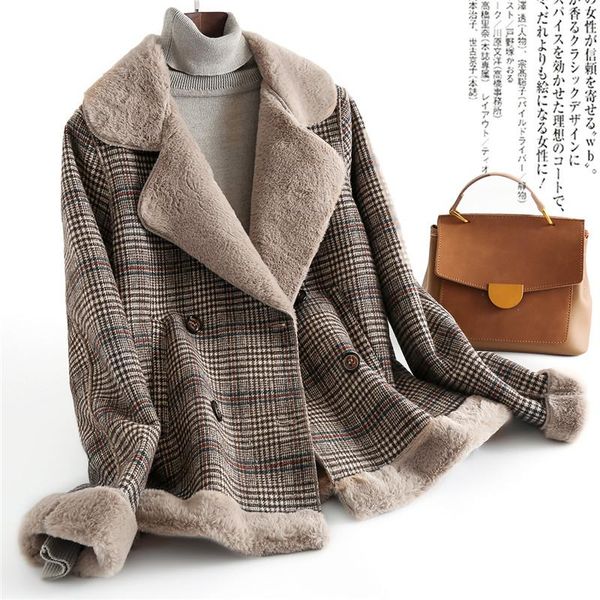 

2020 witer wool jacket for women lambswool coat female vintage double breasted houndstooth woolen coat outerwear abrigo mujer, Black