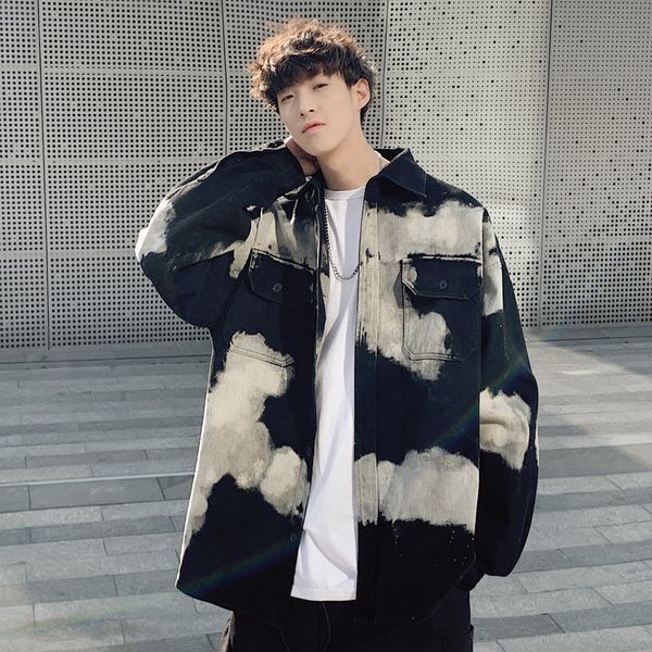 

2021 style hong kong plus-sized tooling tie-dye autumn clothes casual male trend washing cotton jacket pure u9ng, Black;brown