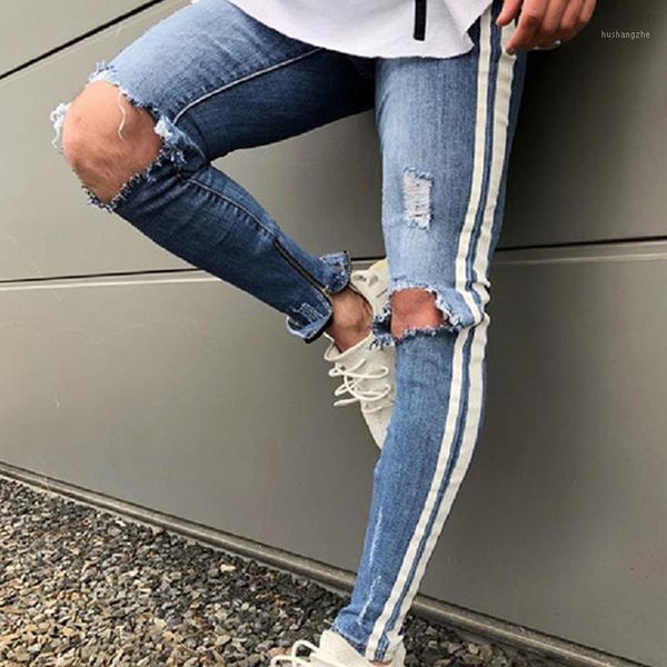 

2019 fashion hip hop men side white print strip knee holes ripped skinny jeans male distressed stretch denim pants street wear1, Blue