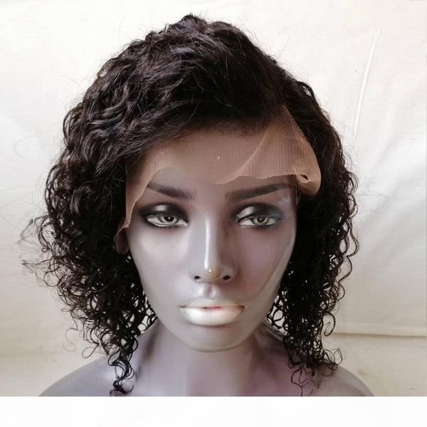 

curly short lace front wig brazilian virgin hair with baby hair remy curly bob lace wig pre plucked for black women 150 density, Black;brown