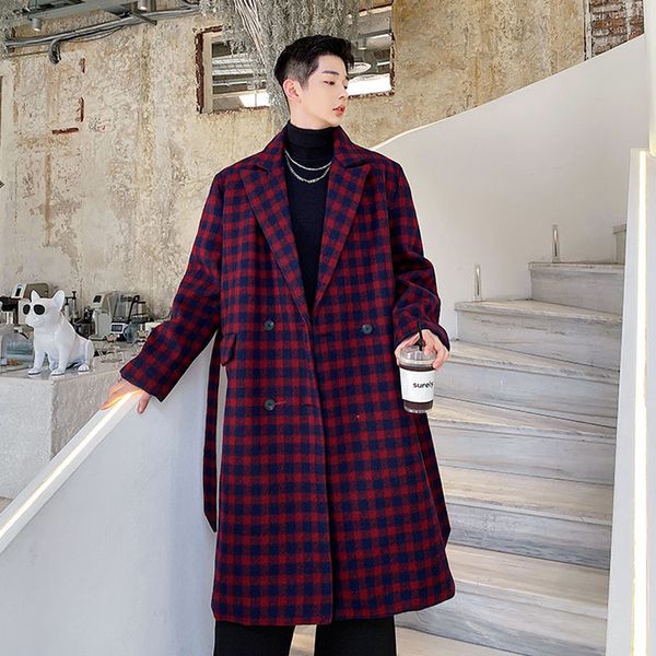 

2020 autumn men belt plaid wool long trench coat female streetwear vintage jacket outerwear w805, Black;brown