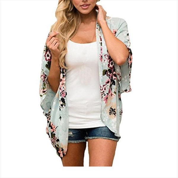 

women chiffon floral kimono blouse loose half sleeve shawl print cardigan blusas mujer de moda plus size ey*, White