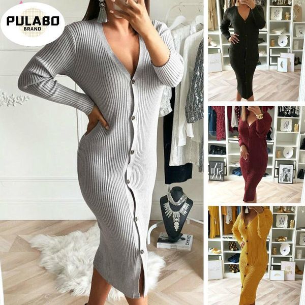 

v neck long sleeve knitted midi winter dress women spring autumn single-breasted open stitch bodycon party dress vestido1, Black;gray