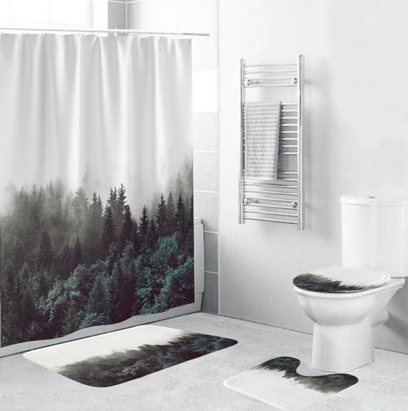 

mist forest trees pattern fabric shower curtain bathroom curtains non slip rugs carpet toilet flannel bath mat set1
