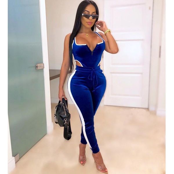 

women's tracksuits velvet women fitness sporting two pieces set female outfit strapless sleeveless bodysuit + leggings drawstring pants, Gray