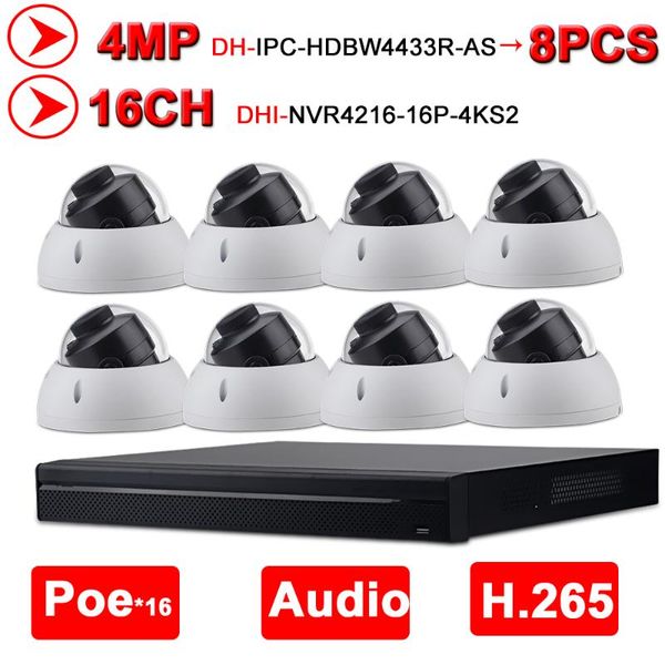 

dahua security cctv camera kit 16poe 4k nvr4216-16p-4ks2 8pcs ip camera ipc-hdbw4433r-as 4mp 16+8 surveillance system nvr poe