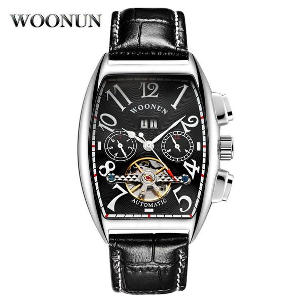 

men watches luxury tourbillon watches men fashion tonneau case matic mechanical watches men leather reloj hombre wmtfcy, Silver
