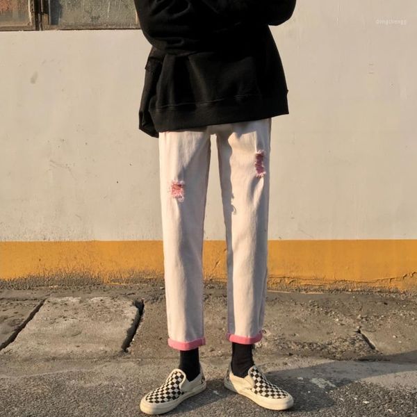 

ripped jeans men's fashion washed retro casual hole straight jeans pants men streetwear wild loose hip hop denim trousers mens1, Blue