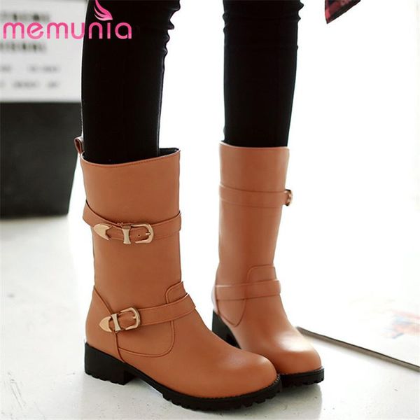 

memunia 2020 new arrival women ankle boots pu buckle square heels autumn boots round toe fashion casual shoes female, Black