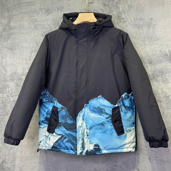 

men's winter fashion cotton jacket adi glacier print trend down jacket to keep warm, contrast color drawstring trend jacket y20, Black