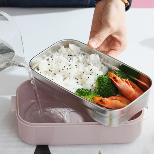 

двойные слои 1200 мл термические обед коробки портативный деревянный feeling салат bento box из нержавеющей стали microwable хранения продук