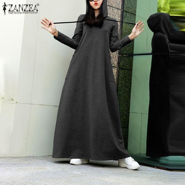 

women's hooded sweatshirts 2021 zanzea stylish solid hoodies dress casual long sleeve maxi vestidos female pullovers plus size1, Black;gray