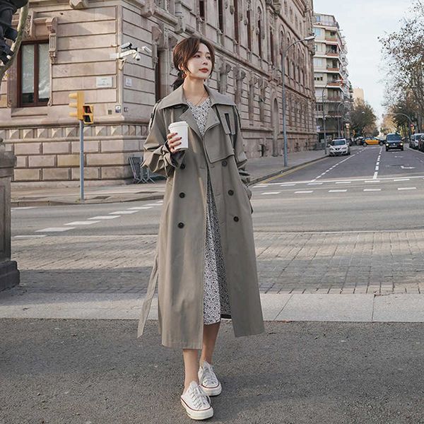 

2020 spring collection women's down cloak trench coat fashion casual belt button windbreaker, Tan;black