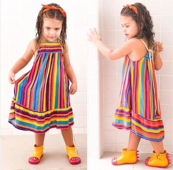 

girl's dresses toddler kids baby girls suspenders rainbow stripe princess dress summer colorful striped party beach sling 1-6t@451, Red;yellow