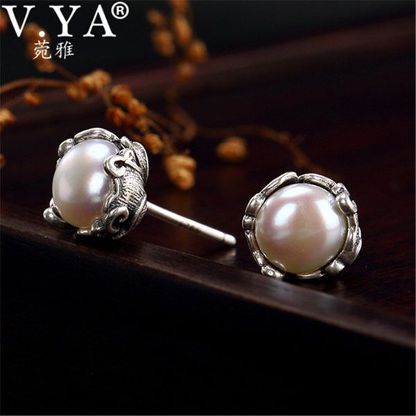 

v.ya natural freshwater pearl earrings women earrings studs flower 925 sterling silver jewelry ladies bijoux gifts 210202, Golden;silver