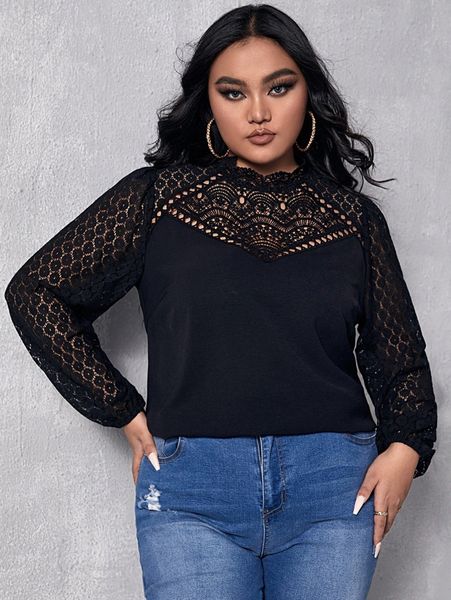 

plus contrast guipure lace lantern sleeve blouse b3aa#, Black