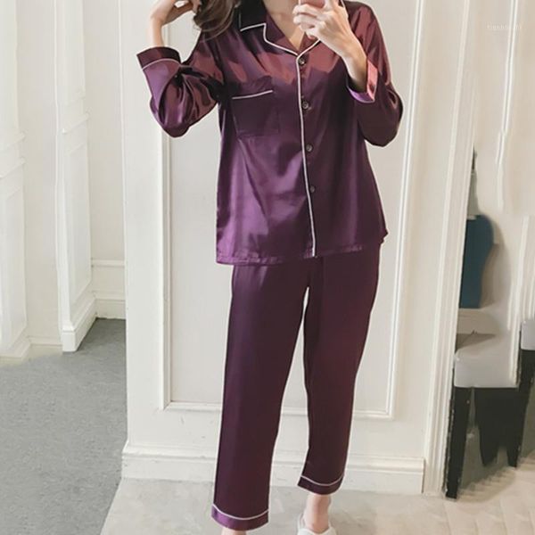 

2pcs pajamas sets women faux silk pajamas set 2020 spring simple solid leisure nightwear long sleeves sleepwear pyjamas women1, Black;red