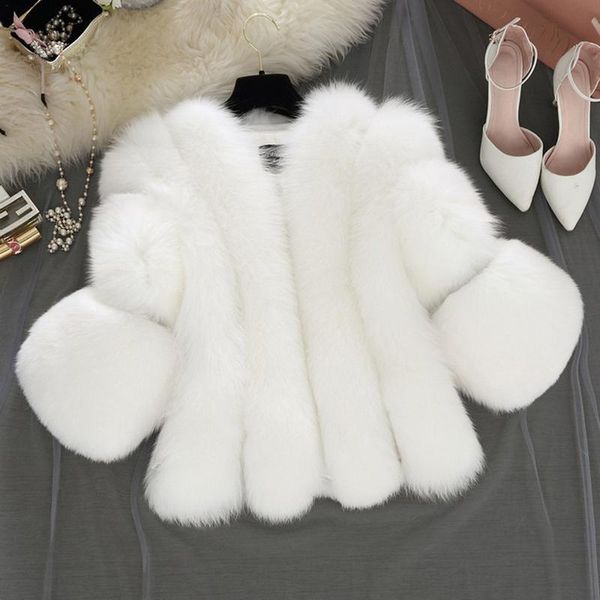 

fashion artificial fur coat women girls 3/4 sleeve fluffy faux fur short thick coats jacket furry party overcoat winter, Black