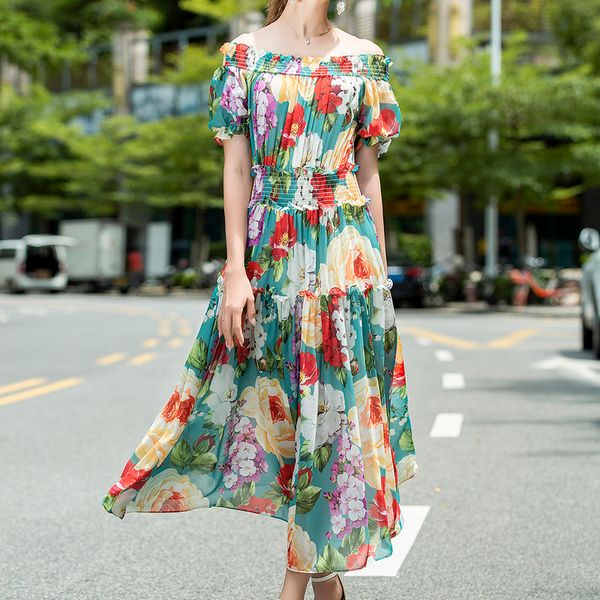 

summer holiday printing word collar elegant short sleeve thin temperament dress long women clothes style ieuo, Black;gray