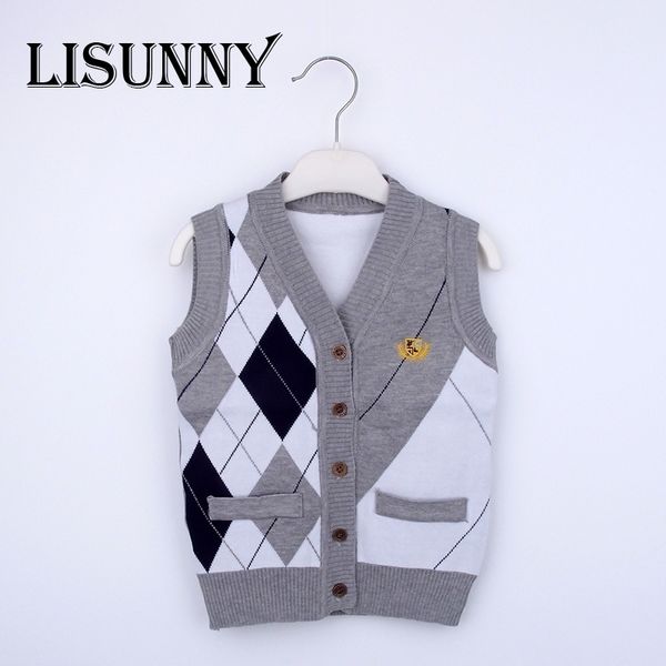 

autumn spring new kids boy sweater vest children clothing plaid stitching coat baby cotton thick boys cardigan vest 201128, Blue