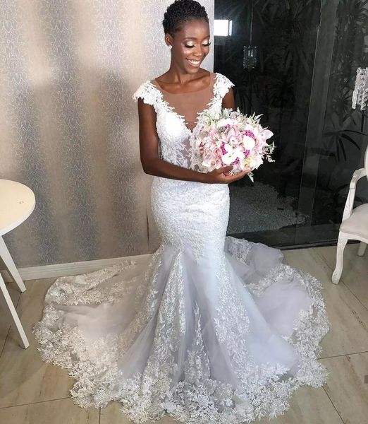 

2021 retro white lace mermaid wedding dresses african women cap sleeve appliques bridal gowns exposed boning long marriage dresses