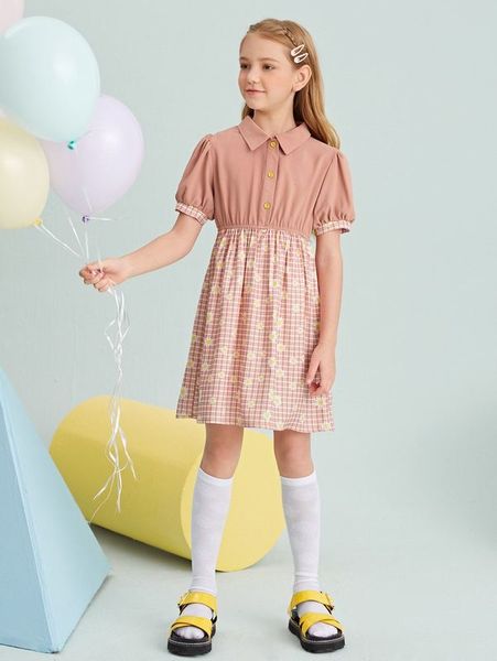 

girls puff sleeve daisy floral and plaid print shirt dress she, Red;yellow
